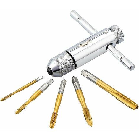 Tap Wrench Set Adjustable T Handle Ratchet Tap Holder Thread Tapping Tools with 5PCS HSS M3-M8 Metric Thread Tap