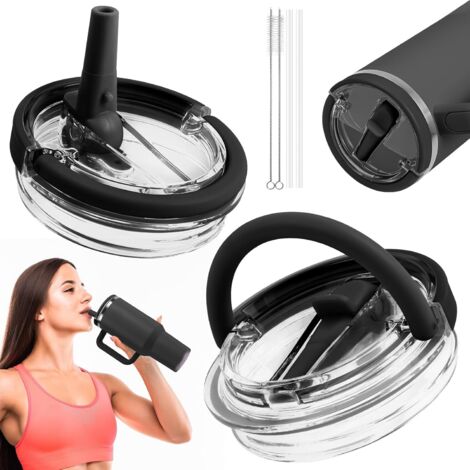 Tapa de repuesto para vaso Stanley de 40 oz, 2 tapas abatibles con pajita para vaso Stanley con 2 pajitas y 2 cepillos de limpieza, tapa a prueba de fugas para vaso Stanley, color negro