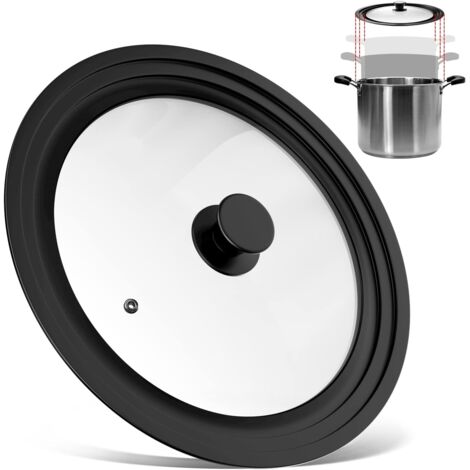 Tapa universal negra de 3 tamaños, tapa de vidrio con borde de silicona resistente al calor graduado y salida de vapor, para ollas y sartenes de 28 cm, 30 cm y 32 cm de diámetro.