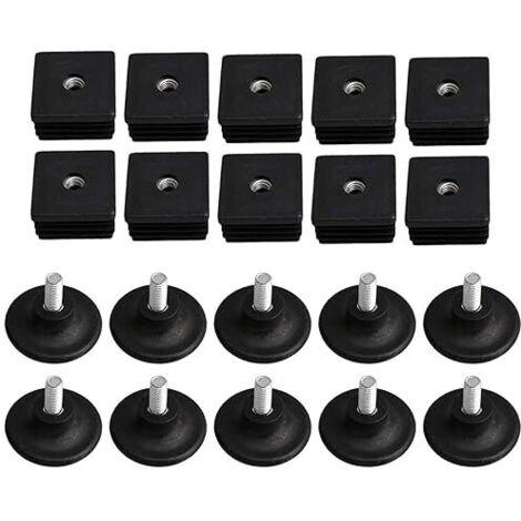 Tapas de plástico negro para patas de muebles, rosca M8 de 40 mm x 40 mm, tapones ciegos a presión con patas de rosca ajustable para tubo cuadrado (paquete de 10)