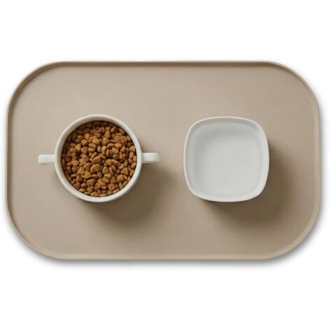 Tapete de silicona sin BPA con borde elevado, antideslizante, para cuencos de agua y comida, diseño rectangular minimalista, color caqui, 44 x 27 x 1 cm, para 2 cuencos.