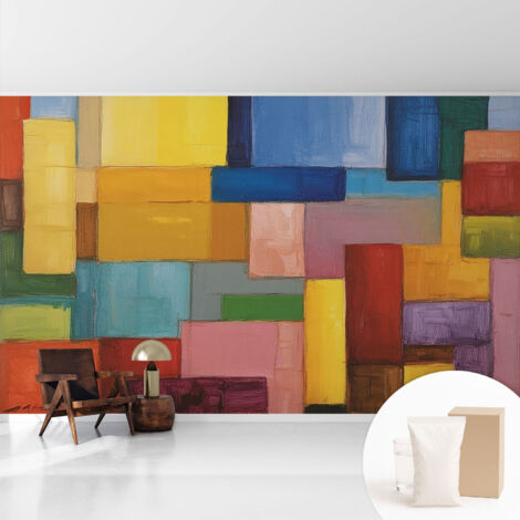 Tapete Dekorative Vliestapete mit Klebe für Wand - Mustertapete - moderne Einrichtung - für Büro Bunte Rechtecke 416x254 cm