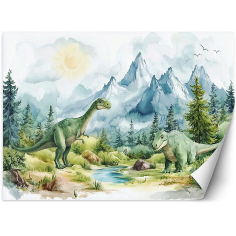 Tapete für Kinderwände Dinosaurier Prähistorische Reptilien Grüne Landschaft 100x70 cm