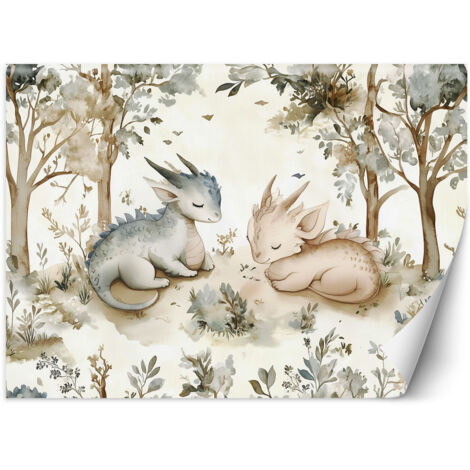 Tapete für Kinderzimmer Schlafender Drache Tiere im Wald Beige 100x70 cm