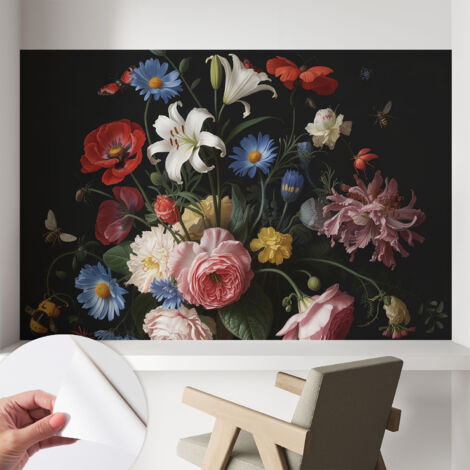 Tapete Selbstklebend - abwaschbar - Tapete mit Motiv - trendige Wanddeko - elegant Fototapete  Blumen mit Insekten 104x70 cm