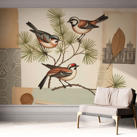 Tapete Selbstklebend - abwaschbar - Tapete mit Motiv - trendige Wanddeko - elegant Fototapete  Vogelcollage 312x219 cm