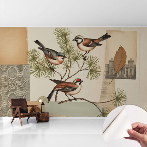 Tapete Selbstklebend - abwaschbar - Tapete mit Motiv - trendige Wanddeko - elegant Fototapete  Vogelcollage 416x254 cm