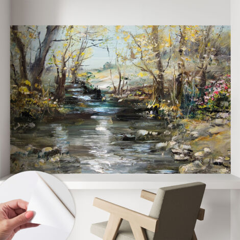 Tapete Selbstklebend - abwaschbar - Tapete mit Motiv - trendige Wanddeko - elegant Fototapete Waldbach 104x70 cm