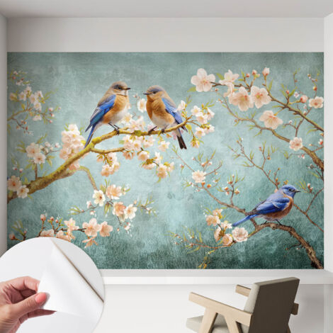 Tapete Selbstklebend - abwaschbar - trendige Wanddeko - elegant Fototapete  Frühlingsvögel 152x104 cm
