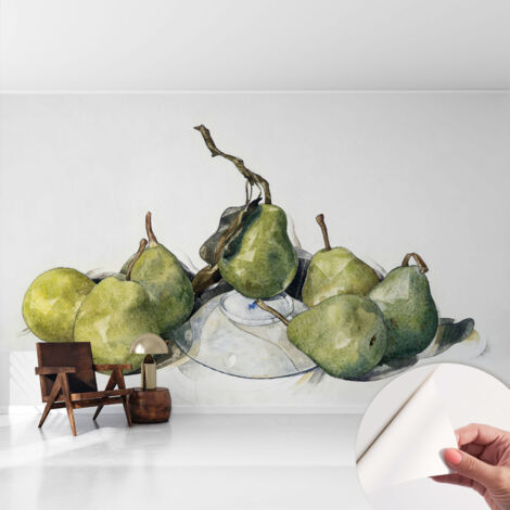 Tapete Selbstklebend - Fototapete mit Motiv - Wandtapete modern - Wandgestaltung Birnen in Aquarell 416x254 cm