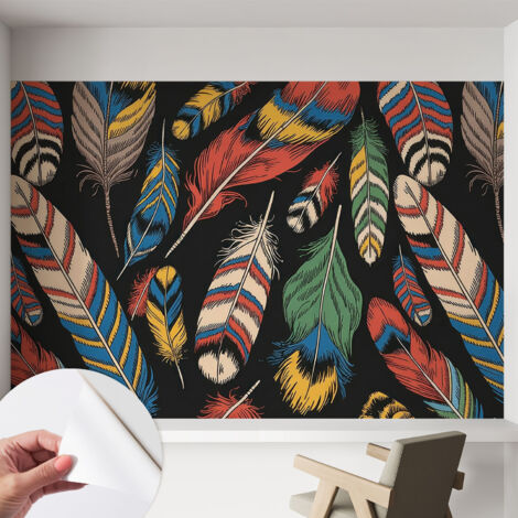 Tapete Selbstklebend - Fototapete mit Motiv - Wandtapete modern - Wandgestaltung Bunte Federn 152x104 cm