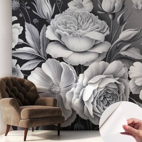 Tapete Selbstklebend - Fototapete mit Motiv - Wandtapete modern - Wandgestaltung Graue Blumen 250x250 cm