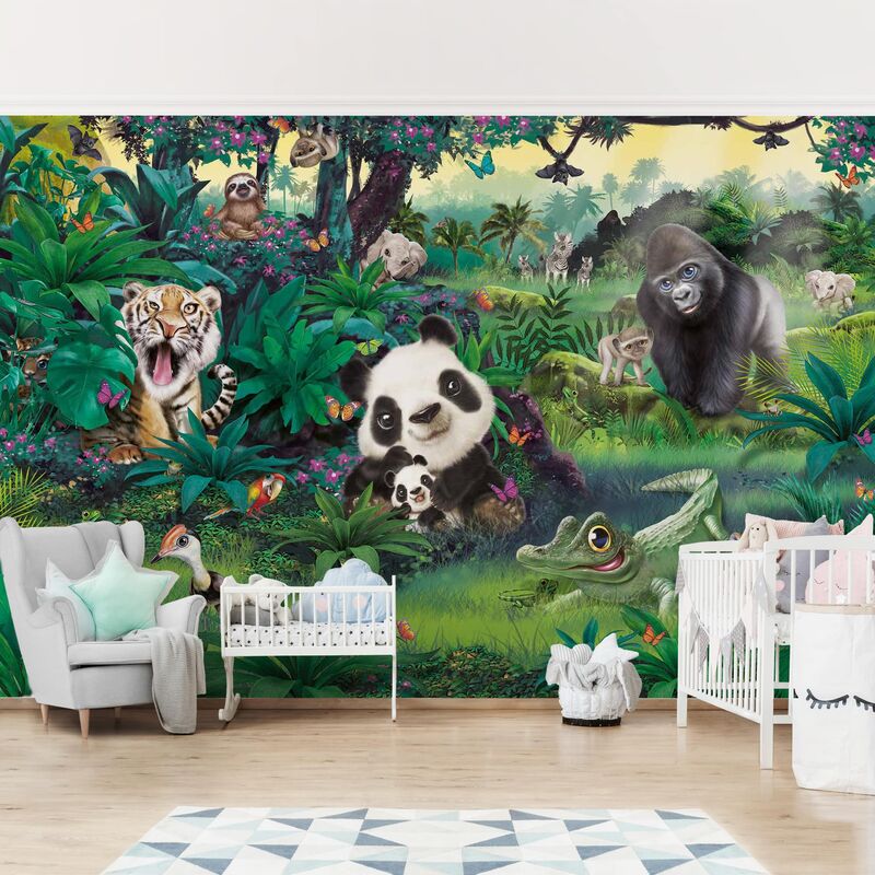 Tapete selbstklebend Kinderzimmer - Animal Club International - Dschungel mit Tieren - Fototapete Querformat Größe HxB: 320cm x 480cm