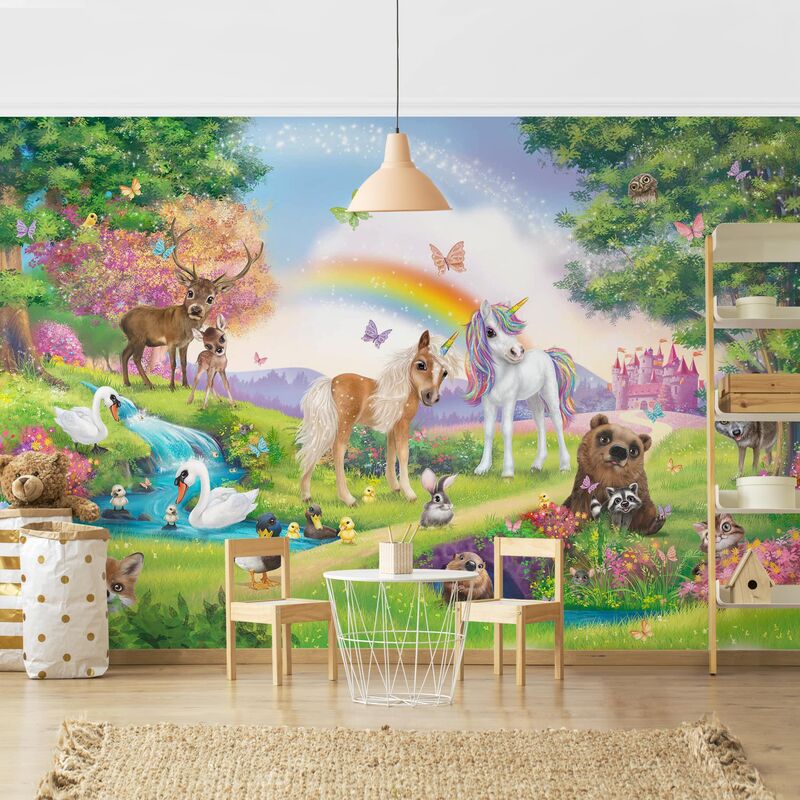 Tapete selbstklebend Kinderzimmer - Animal Club International - Zauberwald mit Einhorn - Fototapete Querformat Größe HxB: 255cm x 384cm
