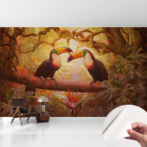 Tapete Selbstklebend - Wandtapete modern - Tapete mit Motiv - Tapete Schlafzimmer Bunte Tukane 416x254 cm