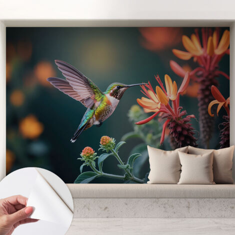 Tapete Selbstklebend - Wandtapete modern - Tapete mit Motiv - Tapete Schlafzimmer Kolibri-Blumen 208x146 cm