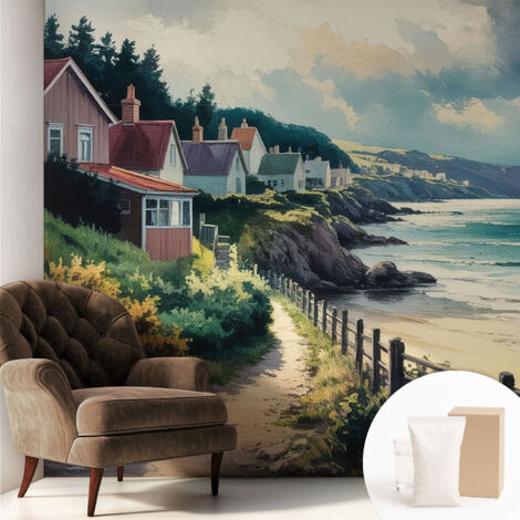 Tapete Tapete Vliestapete mit Kleber - Fototapete mit Motiv - Wandtapete modern - Wanddeko Häuser auf den Klippen 250x250 cm