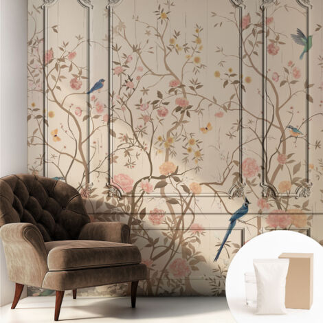 Tapete Tapete Vliestapete mit Kleber - Fototapete mit Motiv - Wandtapete modern - Wanddeko Vögel und Blumen 250x250 cm