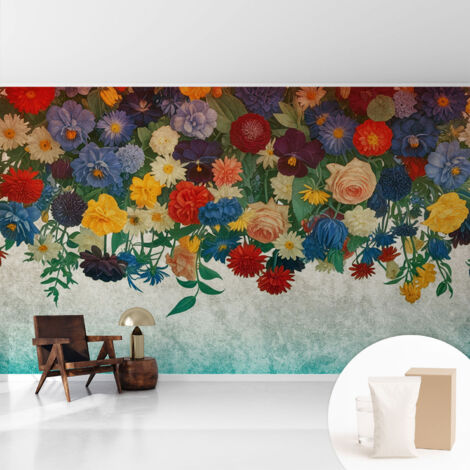 Tapete Vliestapete mit Kleber - abwaschbar - Arbeitszimmer - Esszimmer- Top Qualität Bunte Blumen 416x254 cm