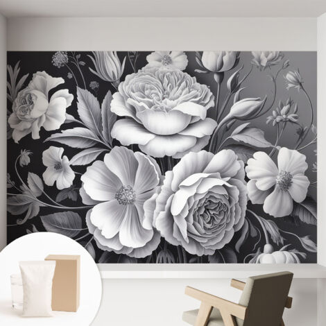 Tapete Vliestapete mit Kleber- abwaschbar - Raumgestaltung  Schlafzimmer Wohnzimmer Tapete Graue Blumen 152x104 cm