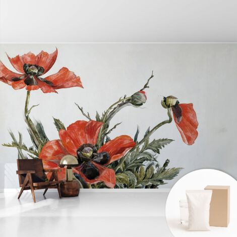Tapete Vliestapete mit Kleber- abwaschbar - Raumgestaltung  Schlafzimmer Wohnzimmer Tapete Rote Mohnblumen 416x254 cm