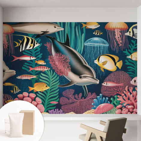 Tapete Vliestapete mit Kleber- abwaschbar - Raumgestaltung  Schlafzimmer Wohnzimmer Tapete Unterwasserfauna 152x104 cm