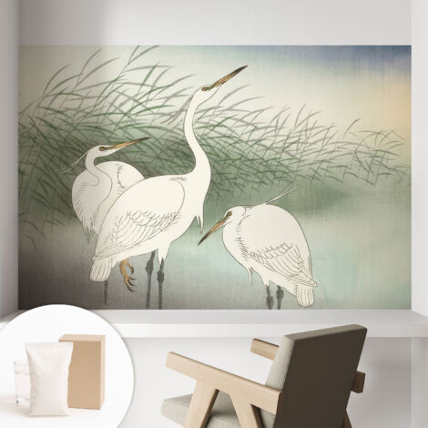 Tapete Vliestapete mit Kleber - abwaschbar - Tapete mit Motiv - trendige Wanddeko - elegant Fototapete  Reiher im Gras 104x70 cm