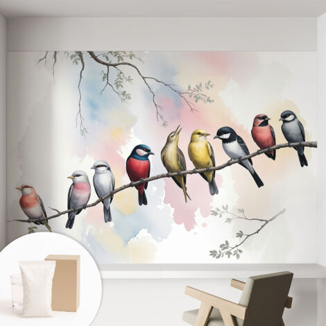 Tapete Vliestapete mit Kleber - abwaschbar - Tapete mit Motiv - trendige Wanddeko - elegant Fototapete  Vögel auf einem Ast 152x104 cm