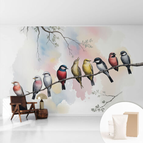Tapete Vliestapete mit Kleber - abwaschbar - Tapete mit Motiv - trendige Wanddeko - elegant Fototapete  Vögel auf einem Ast 416x254 cm