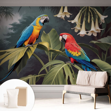 Tapete Vliestapete mit Kleber - Fototapete mit Motiv - Wandtapete modern - Wandgestaltung Bunte Papageien 312x219 cm