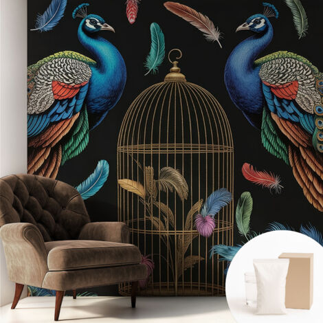 Tapete Vliestapete mit Kleber - Fototapete mit Motiv - Wandtapete modern - Wandgestaltung Exotische Pfauen 250x250 cm