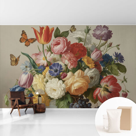 Tapete Vliestapete mit Kleber für Wohnzimmer Schlafzimmer Küche - Wanddekoration  Blumen und Schmetterlinge 416x254 cm
