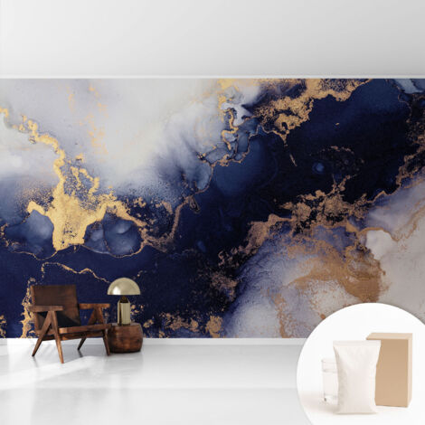 Tapete Vliestapete mit Kleber für Wohnzimmer Schlafzimmer Küche - Wanddekoration Dunkelblaue Wellen 416x254 cm