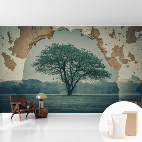 Tapete Vliestapete mit Kleber für Wohnzimmer Schlafzimmer Küche - Wanddekoration  Einsamer Baum 416x254 cm