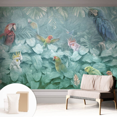 Tapete Vliestapete mit Kleber für Wohnzimmer Schlafzimmer Küche - Wanddekoration  Exotische Vögel 312x219 cm