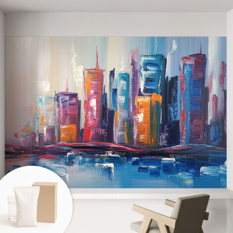 Tapete Vliestapete mit Kleber für Wohnzimmer Schlafzimmer Küche - Wanddekoration  Farbenfrohe Stadt 152x104 cm