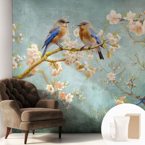 Tapete Vliestapete mit Kleber für Wohnzimmer Schlafzimmer Küche - Wanddekoration  Frühlingsvögel 250x250 cm