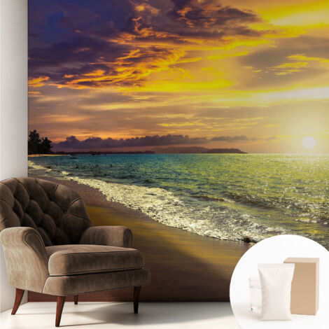 Tapete Vliestapete mit Kleber für Wohnzimmer Schlafzimmer Küche - Wanddekoration  Strand bei Sonnenuntergang 250x250 cm