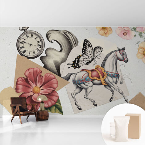 Tapete Vliestapete mit Kleber für Wohnzimmer Schlafzimmer Küche - Wanddekoration  Vintage-Blumen 416x254 cm