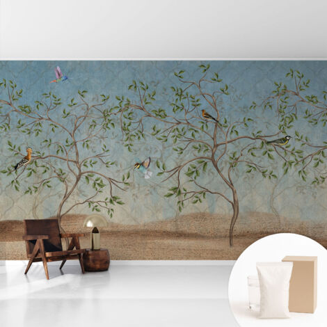 Tapete Vliestapete mit Kleber für Wohnzimmer Schlafzimmer Küche - Wanddekoration  Vögel in den Bäumen 416x254 cm