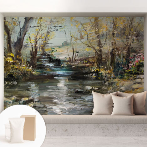 Tapete Vliestapete mit Kleber für Wohnzimmer Schlafzimmer Küche - Wanddekoration  Waldbach 208x146 cm