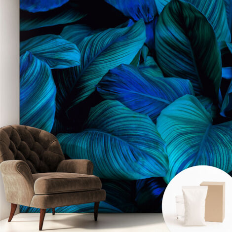 Tapete Vliestapete mit Kleber modern - Wanddeko für Küche - Klebefolie Wand - luxus Look Blaue Blätter 250x250 cm
