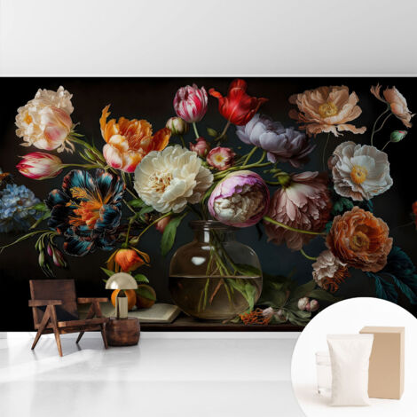 Tapete Vliestapete mit Kleber modern - Wanddeko für Küche - Klebefolie Wand - luxus Look Blumenstrauß 416x254 cm
