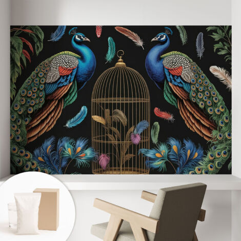Tapete Vliestapete mit Kleber modern - Wanddeko für Küche - Klebefolie Wand - luxus Look Exotische Pfauen 104x70 cm