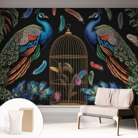 Tapete Vliestapete mit Kleber modern - Wanddeko für Küche - Klebefolie Wand - luxus Look Exotische Pfauen 312x219 cm