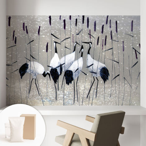 Tapete Vliestapete mit Kleber modern - Wanddeko für Küche - Klebefolie Wand - luxus Look Harmonische Kraniche 104x70 cm