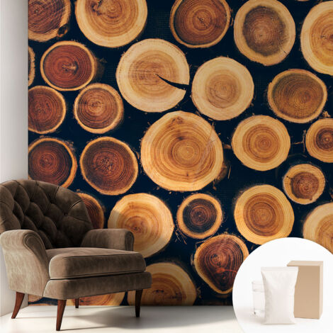 Tapete Vliestapete mit Kleber modern - Wanddeko für Küche - Klebefolie Wand - luxus Look Holzkreise 250x250 cm