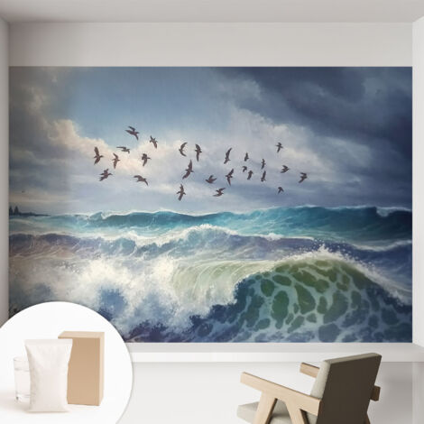 Tapete Vliestapete mit Kleber modern - Wanddeko für Küche - Klebefolie Wand - luxus Look Meereswellen 152x104 cm