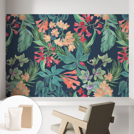 Tapete Vliestapete mit Kleber modern - Wanddeko für Küche - Klebefolie Wand - luxus Look Tropische Blumen 104x70 cm