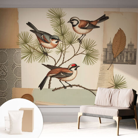 Tapete Vliestapete mit Kleber modern - Wanddeko für Küche - Klebefolie Wand - luxus Look Vogelcollage 312x219 cm